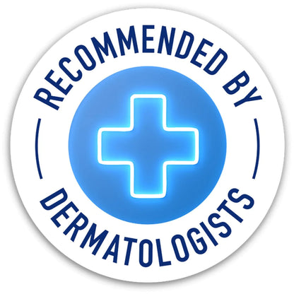 Image of Recommended By Dermatologist encircling a neon Blue Cross. 