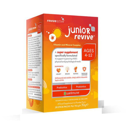 Reviveactive Junior Revive supplement orange and yellow package on a white background,