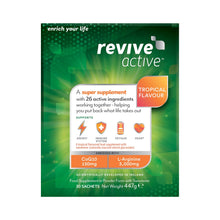 Packaging for Revive Active Tropical Flavour Health Food Supplement, displaying the product name, benefits, and a green and orange design with 26 active ingredients listed.