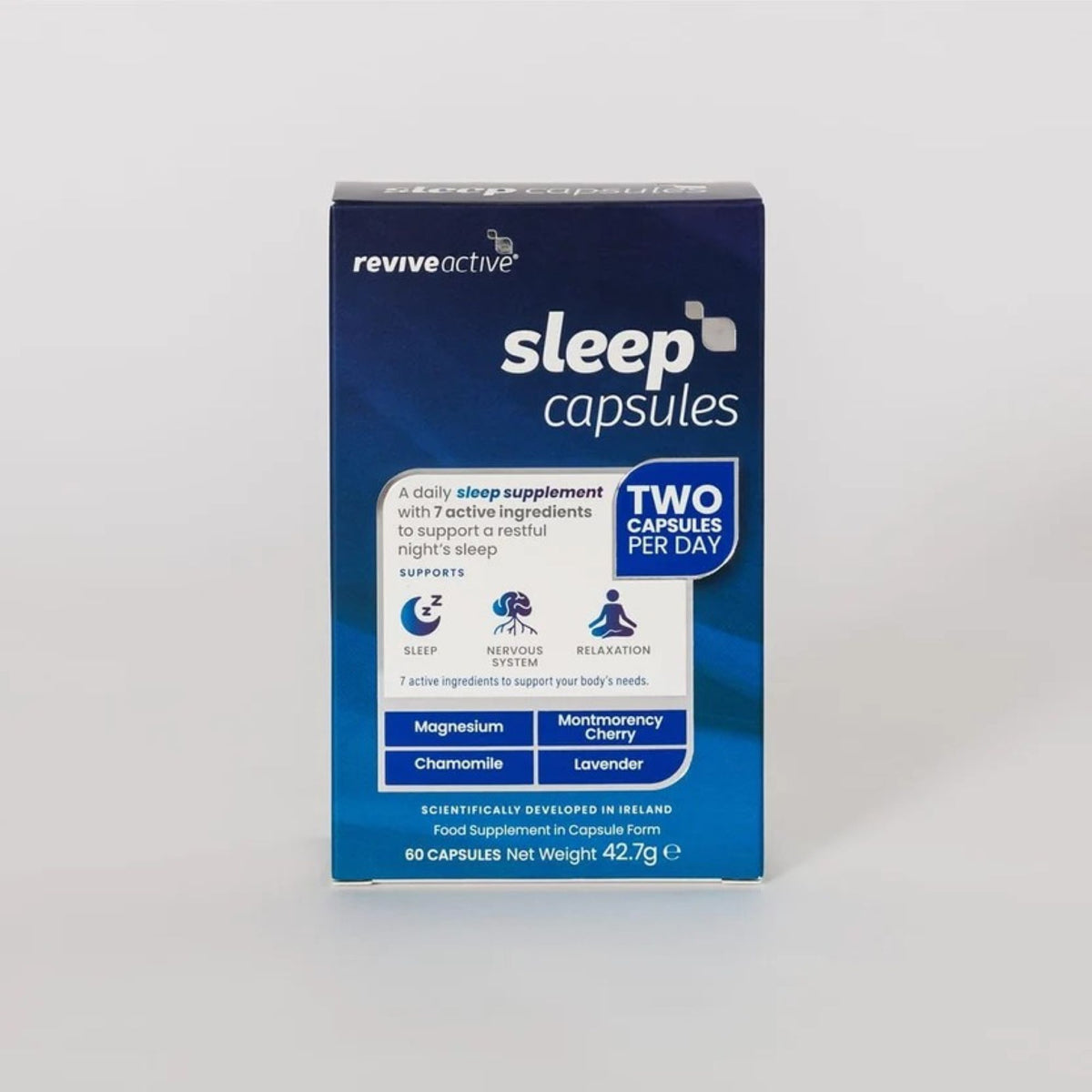 A box of ReviveActive Sleep Capsules, 60 count, on a light gray background. The packaging is dark blue with white and light blue text and graphics.