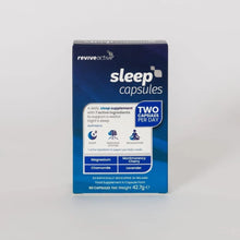 A box of ReviveActive Sleep Capsules, 60 count, on a light gray background. The packaging is dark blue with white and light blue text and graphics.