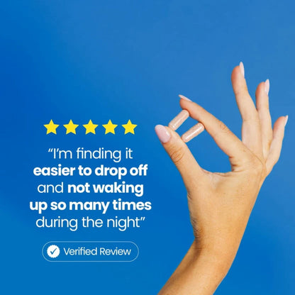 A blue promotional graphic with a hand holding two beige capsules and a five-star review quote. Text reads: 'I'm finding it easier to drop off and not waking up so many times during the night' with a Verified Review badge below.