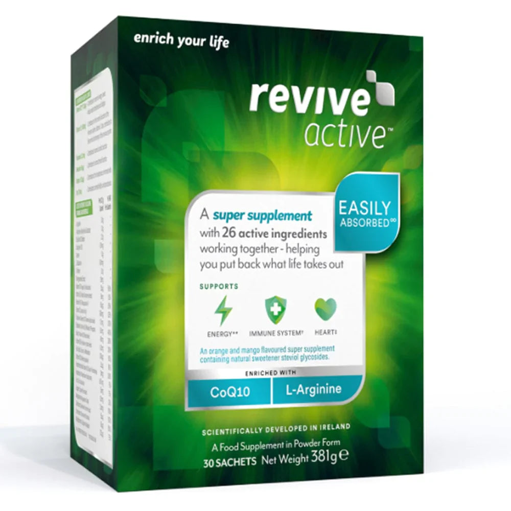 Image of green revive active box from side angle with view of ingredients list.