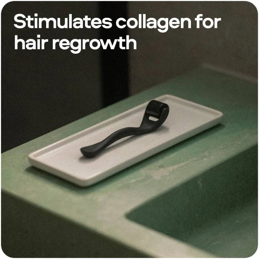 Black hair regrowth device on a white tray with text 'Stimulates collagen for hair regrowth' on a dark background.