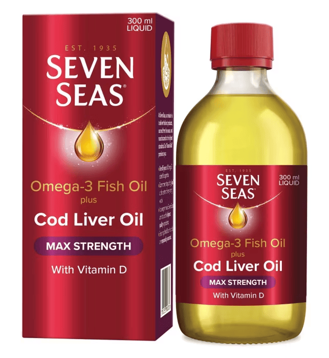 Seven Seas Omega-3 Fish Oil and Cod Liver Oil bottle and packaging on a white background. The box is a deep red colour with the same colour label around the clear glass bottle.