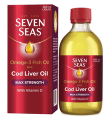 Seven Seas Omega-3 Fish Oil and Cod Liver Oil bottle and packaging on a white background. The box is a deep red colour with the same colour label around the clear glass bottle.