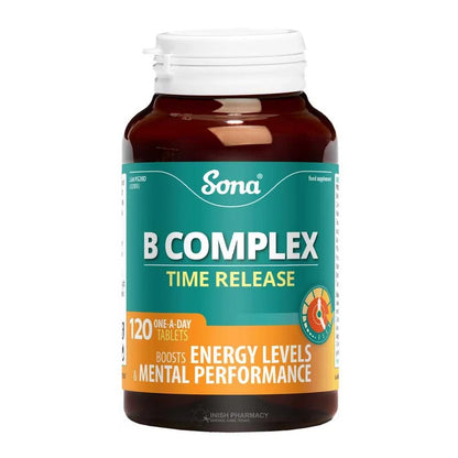 Sona B Complex Time Release supplement bottle on a white background. 