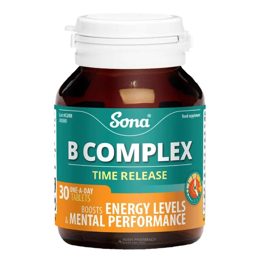 Image of Sona B Complex Time Release 30 pack with a green and orange label on a white background.