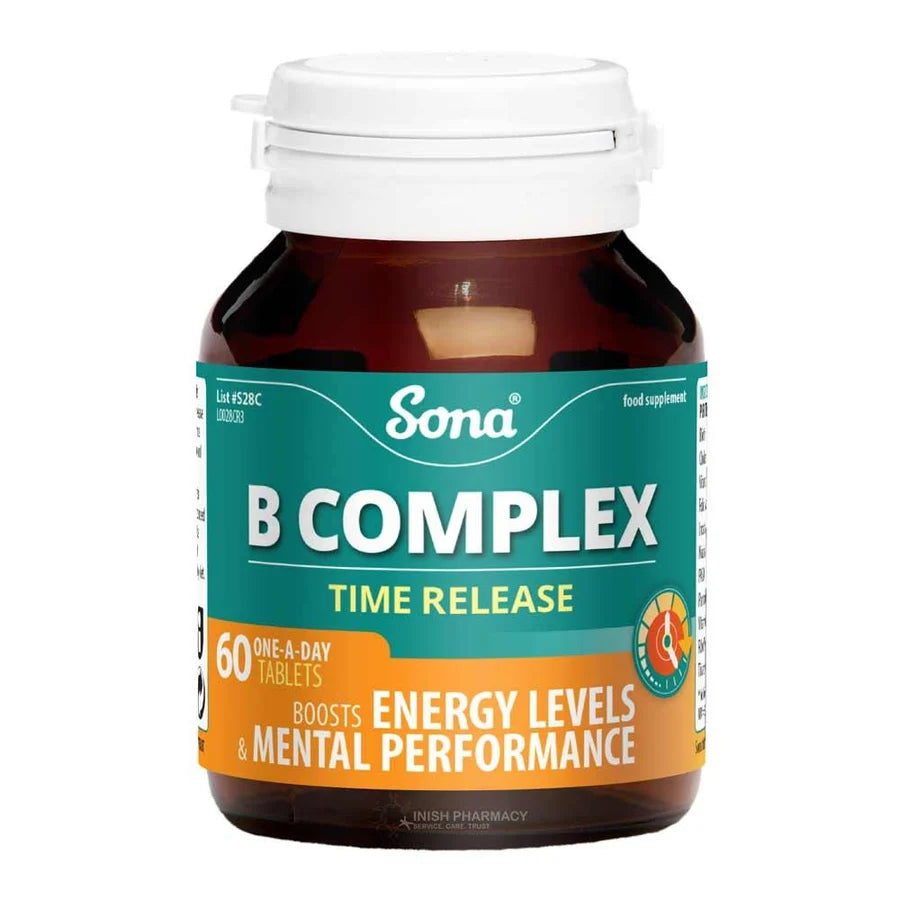 A bottle of Sona B Complex Time Release tablets on a plain white background. The product features a dark amber brown bottle, a white plastic cap, and a label with teal, white, and orange sections.