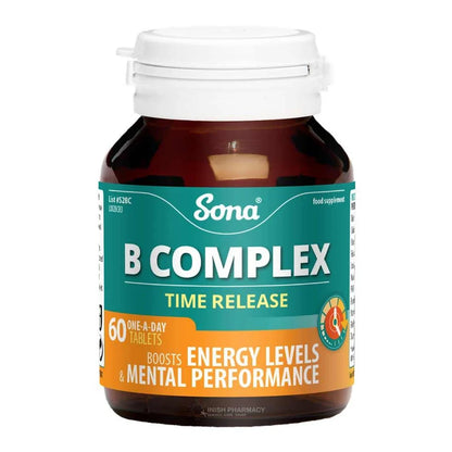 A bottle of Sona B Complex Time Release tablets on a plain white background. The product features a dark amber brown bottle, a white plastic cap, and a label with teal, white, and orange sections.