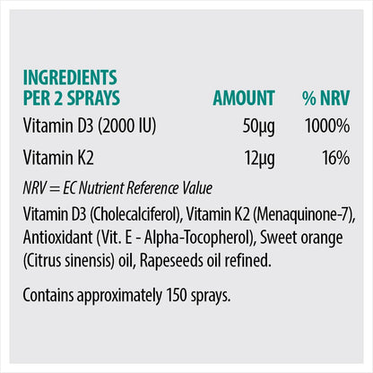 Information for Sona Vitamin D3 and K2 spray. Ingredients per 2 sprays, including Vitamin D3 2000 IU (50mcg) and Vitamin K2 (12mcg), with additional notes about antioxidant, sweet orange oil, rapeseed oil refined, and approximately 150 sprays.