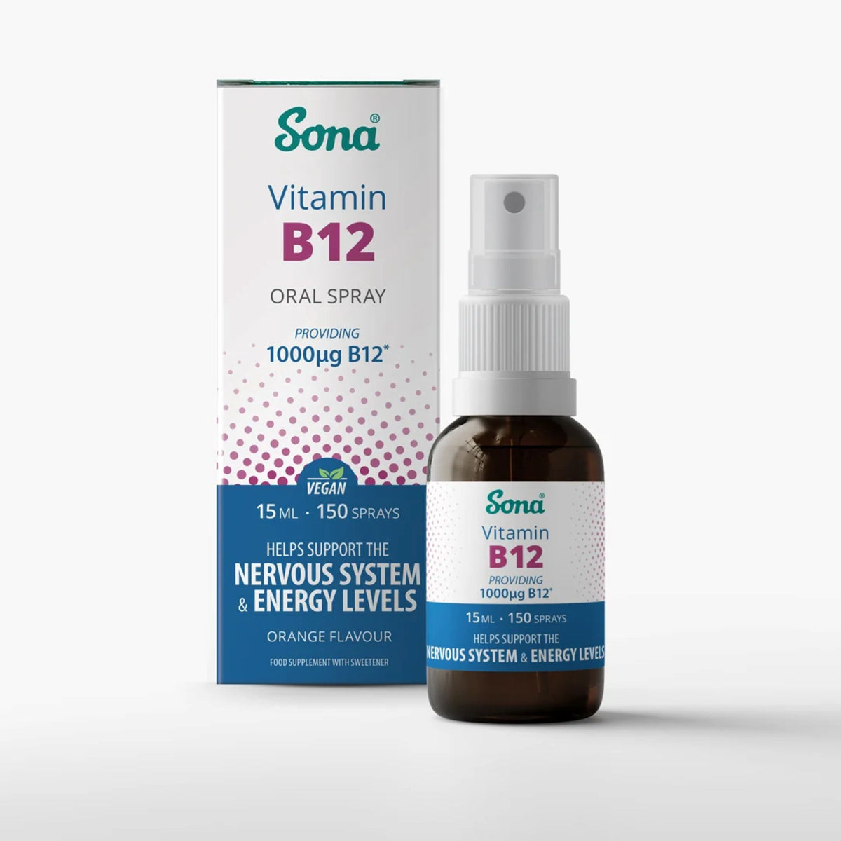Sona Vitamin B12 Oral Spray bottle and packaging box on a light gray background. The amber glass spray bottle has a white spray cap and a white label with blue and pink text.