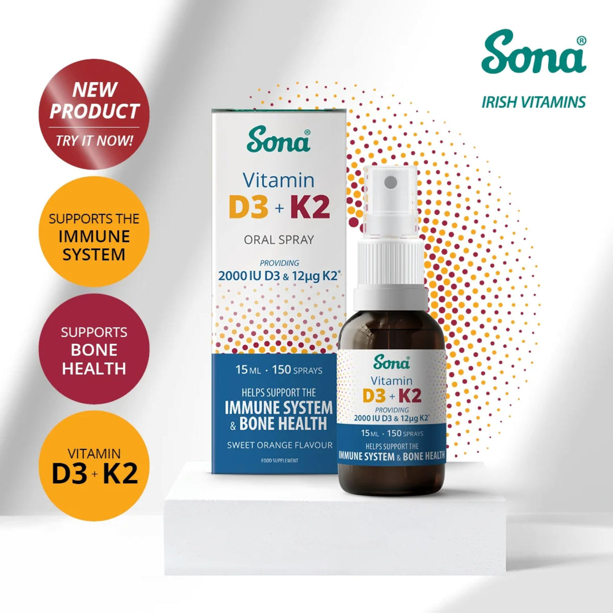 Sona Vitamin D3 + K2 oral spray bottle and packaging box displayed on a white pedestal, with promotional badges on the left and the Sona Irish Vitamins logo on the right.