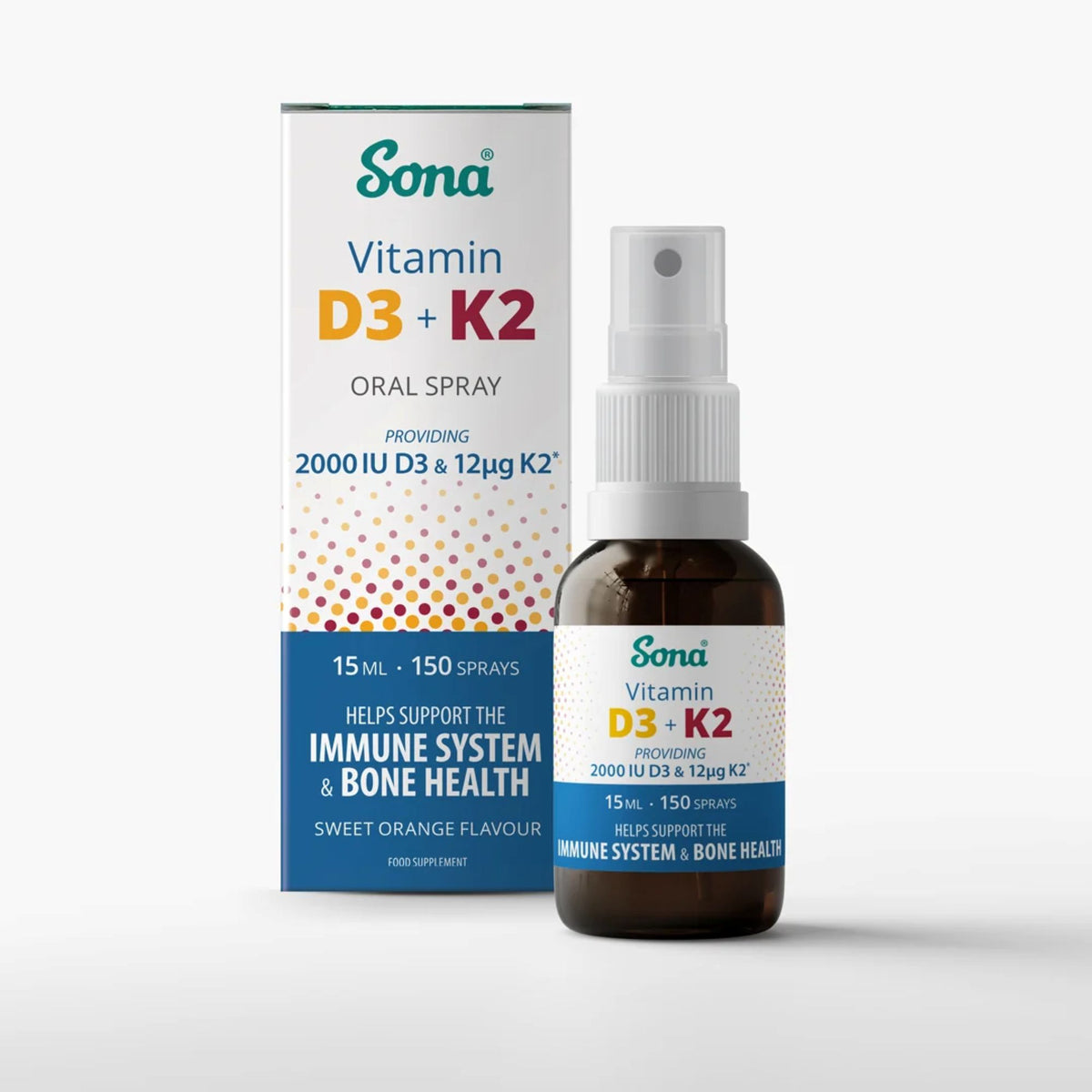 Sona Vitamin D3 + K2 oral spray bottle and its retail box, shown on a clean white background. The amber glass bottle has a white spray cap and a label matching the box, which features blue, white, and orange/yellow graphics.