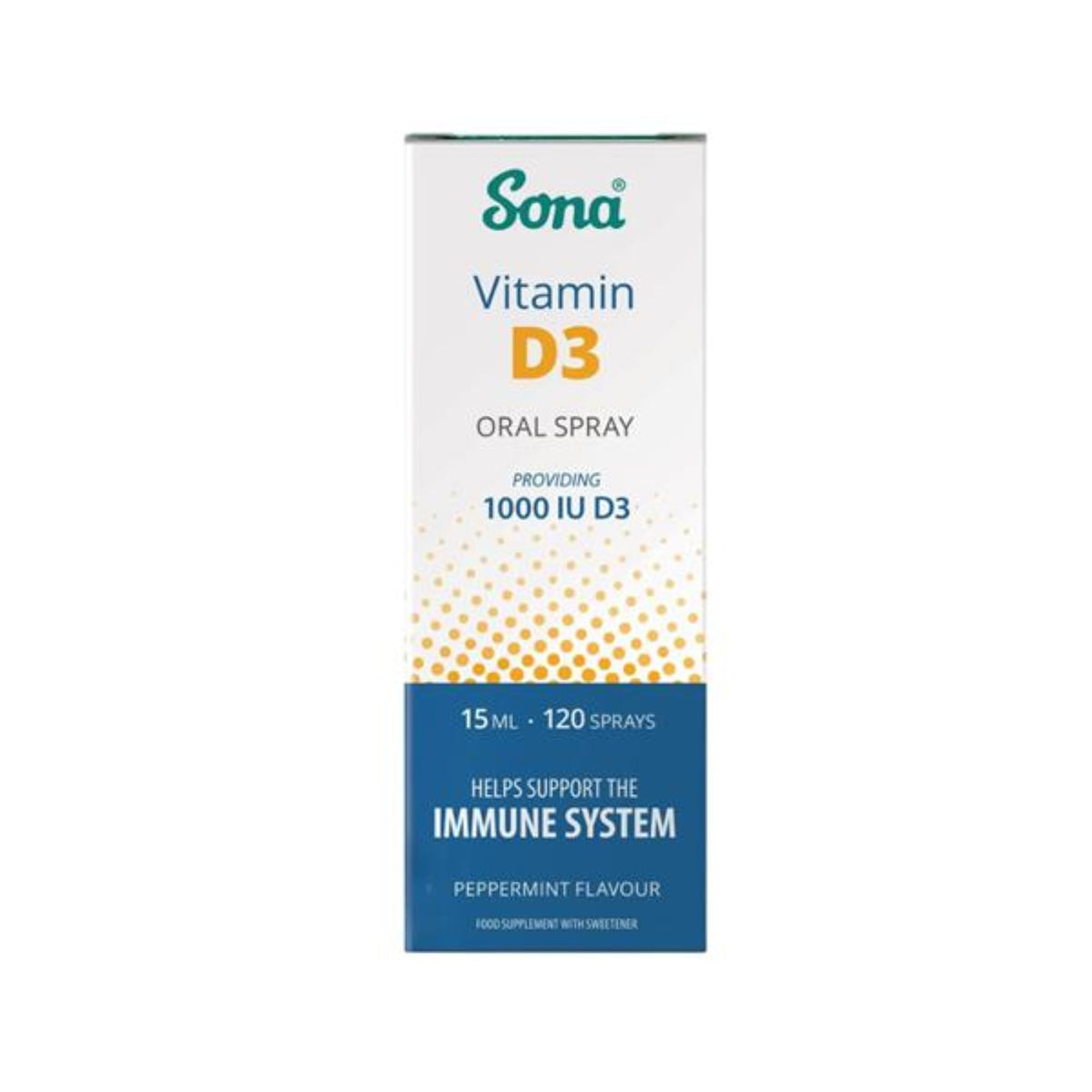 A box of Sona Vitamin D3 Oral Spray, 15 ml, 120 sprays, providing 1000iu D3. The box has a white and blue design and yellow dotted accents, on a plain white background. Peppermint flavour spray. Food supplement with sweetener.