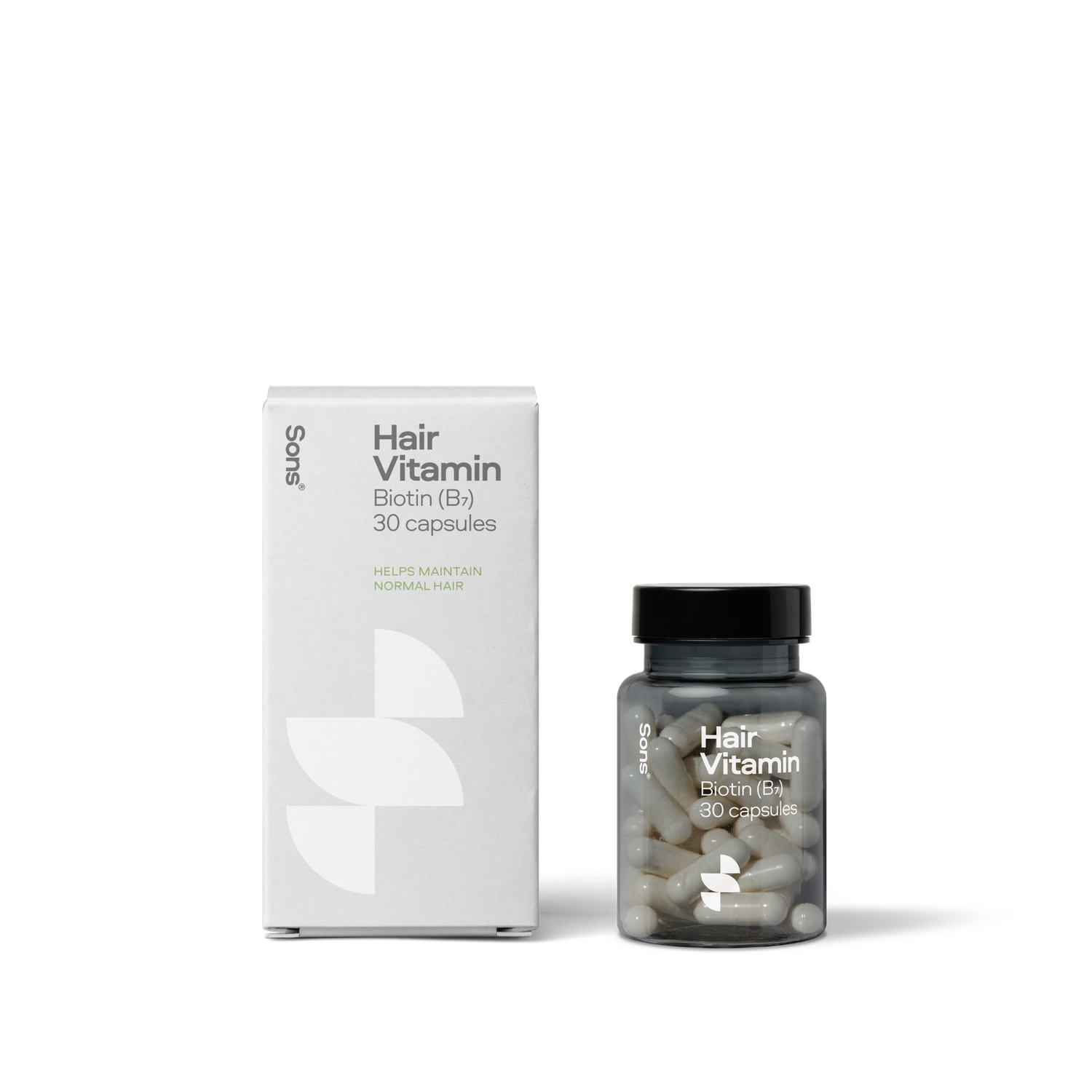 Image of Sons Biotin Caps in grey box with dark grey translucent bottle of white capsules 