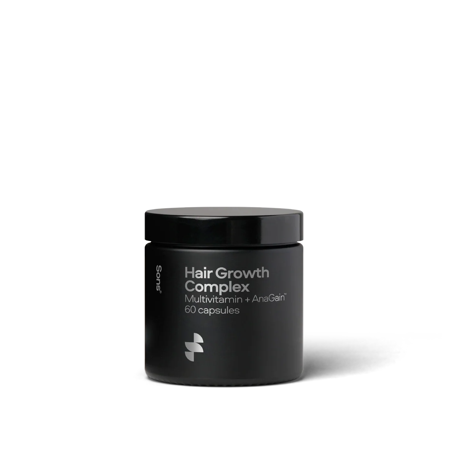 Black container of Hair Growth Complex on a white background