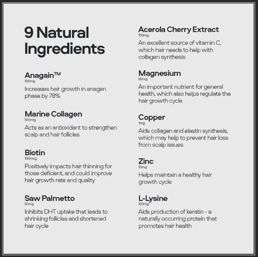 List of natural ingredients with their benefits on a white background