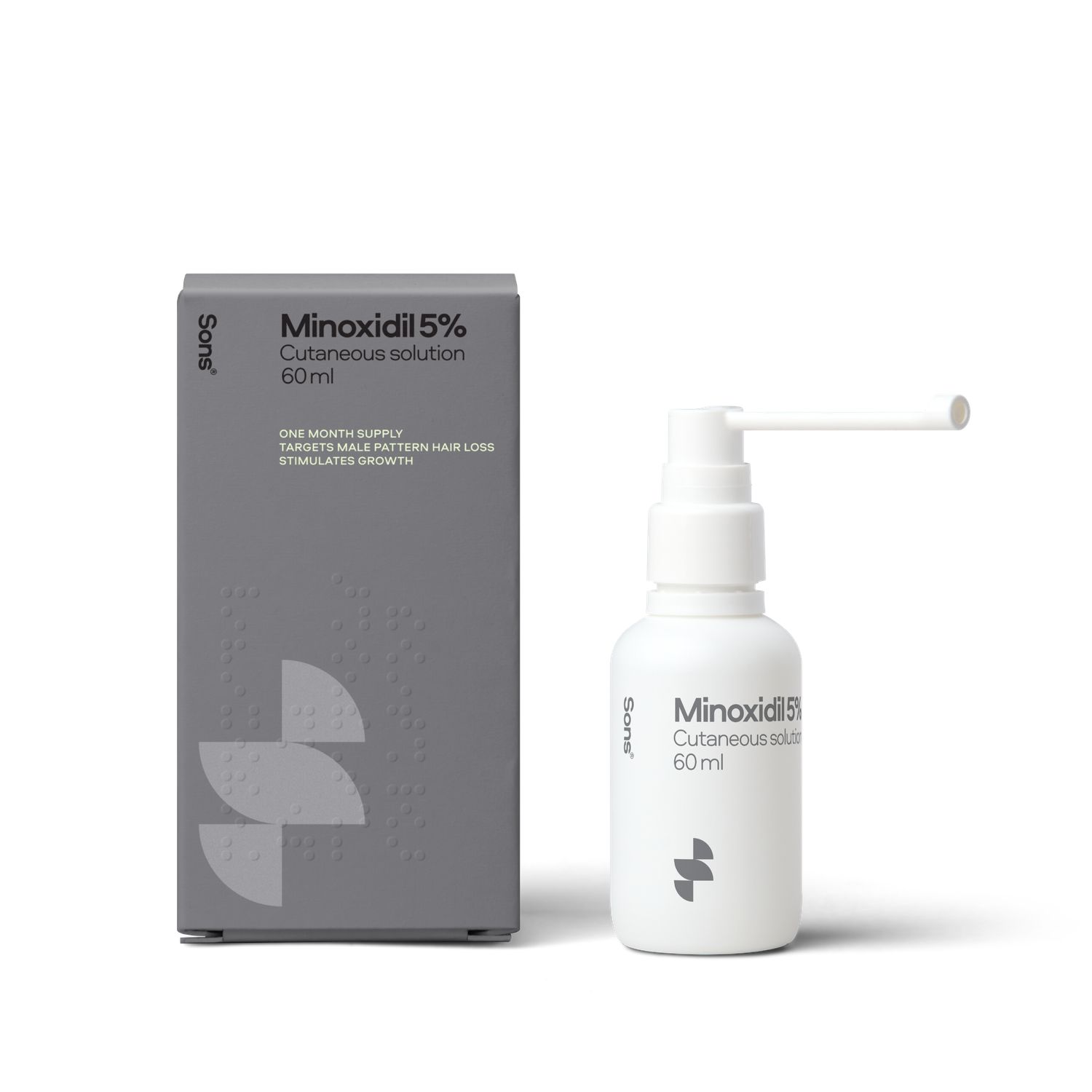 Sons Minoxidil 5% cutaneous solution bottle and packaging on a white background