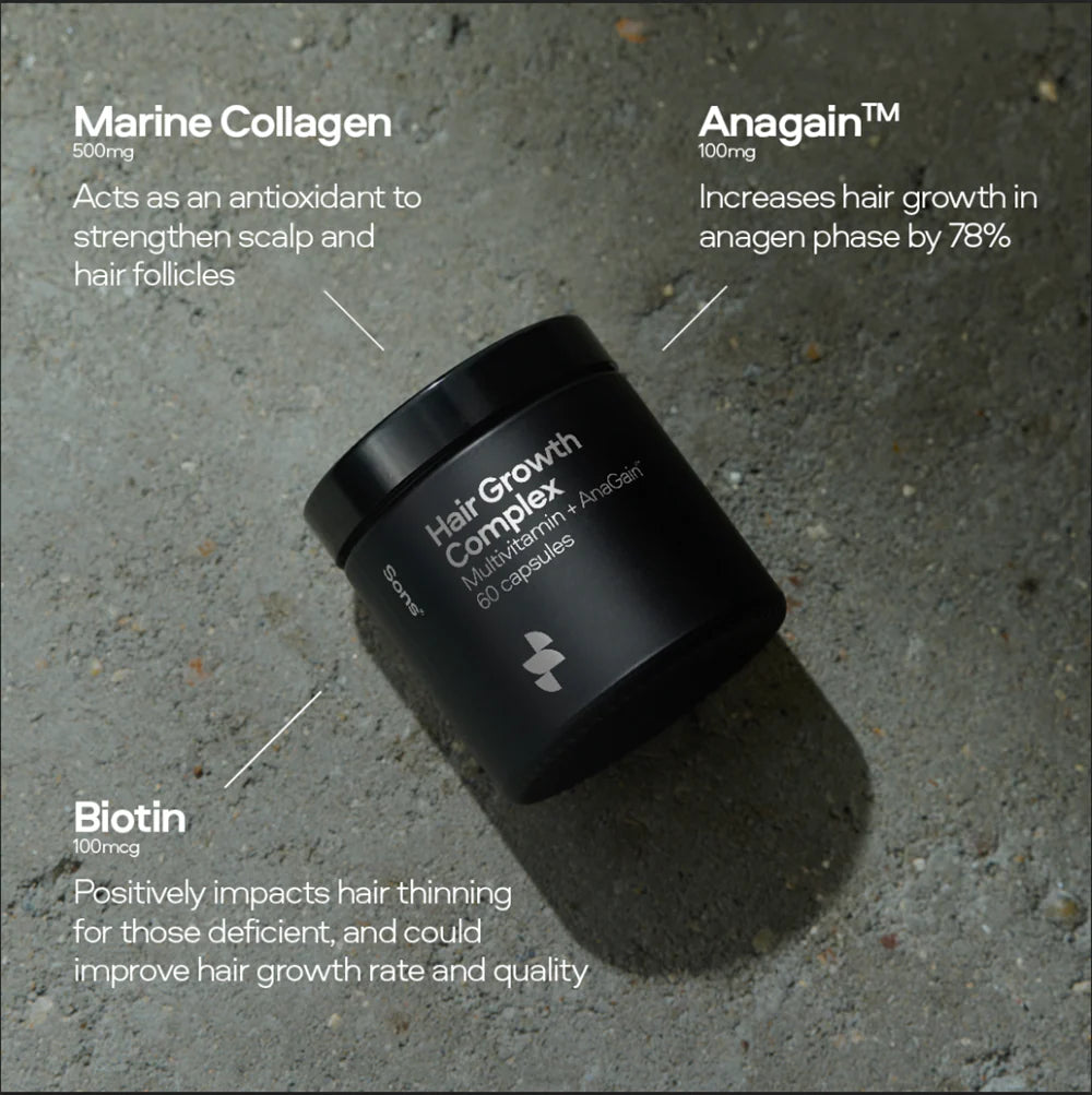 Black hair growth supplement container with text on a gray concrete background