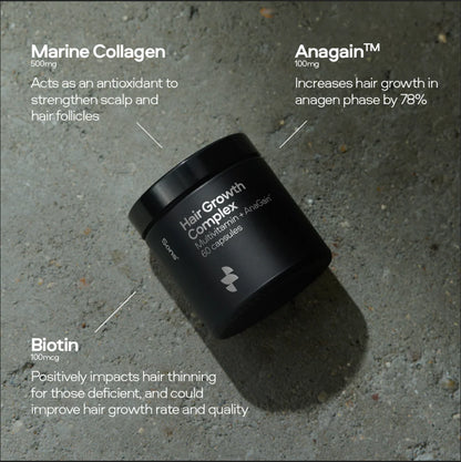 Black hair growth supplement container with text on a gray concrete background