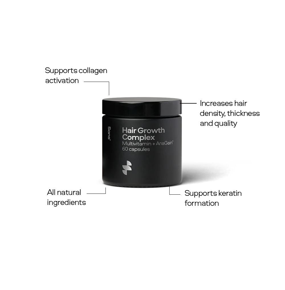 Black container of Hair Growth Complex on a white background