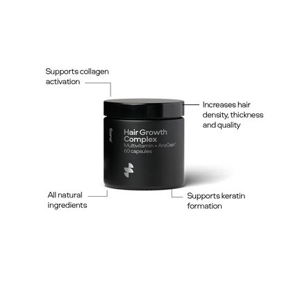 Black container of Hair Growth Complex on a white background