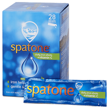 Spatone daily iron shots + Vitamin C box and single sachet on a plain white background.