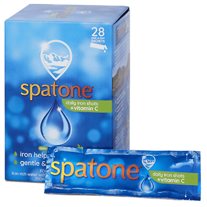 Spatone daily iron shots + Vitamin C box and single sachet on a plain white background.