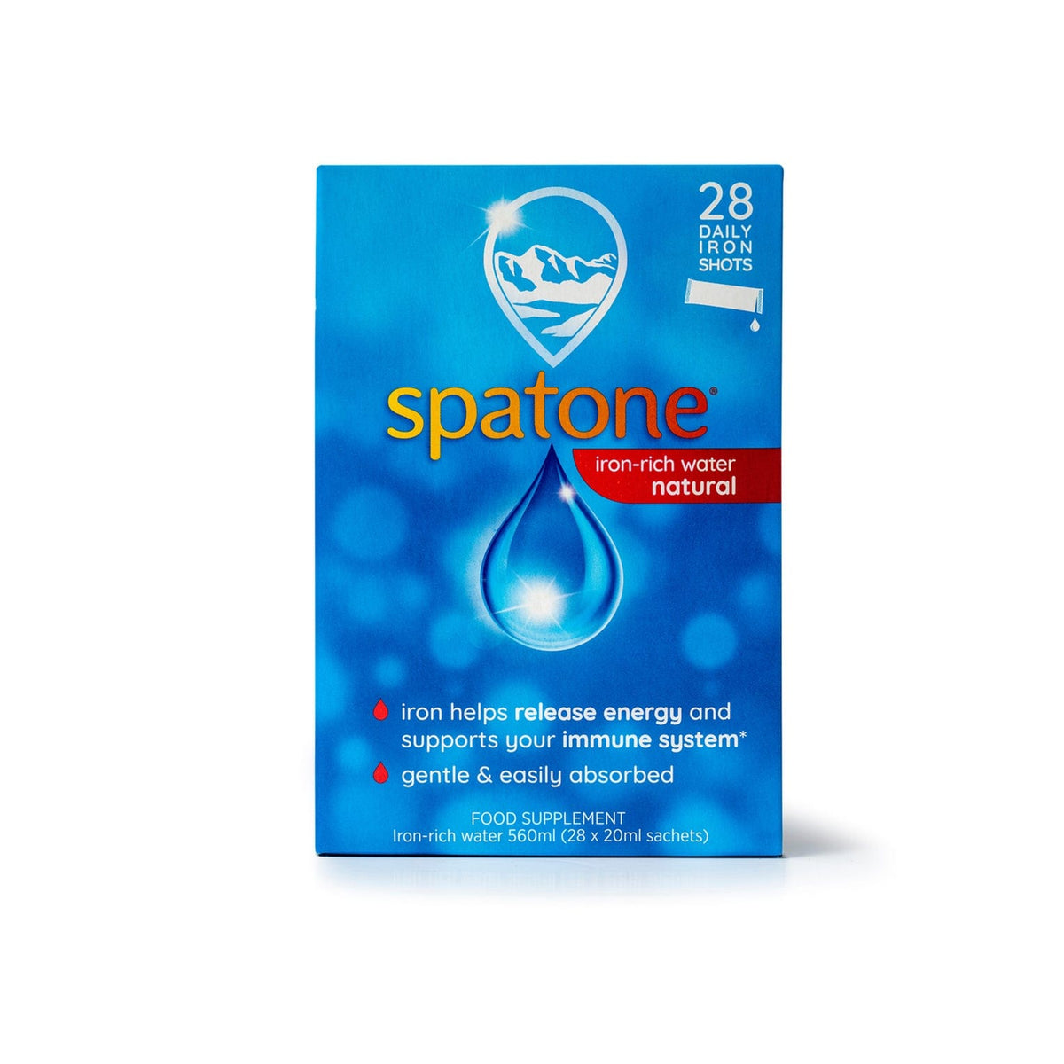 Spatone Iron-Rich water natural supplement packaging on a white background