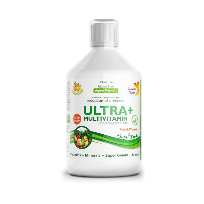 Swedish Nutra Ultra+ liquid multivitamin bottle with green and white label on a white background.