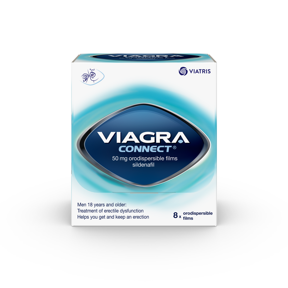 Viagra Connect 50 mg orodispersible films box, containing 8 films, shown on a plain white background.