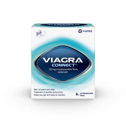 Viagra Connect 50 mg orodispersible films box, containing 8 films, shown on a plain white background.
