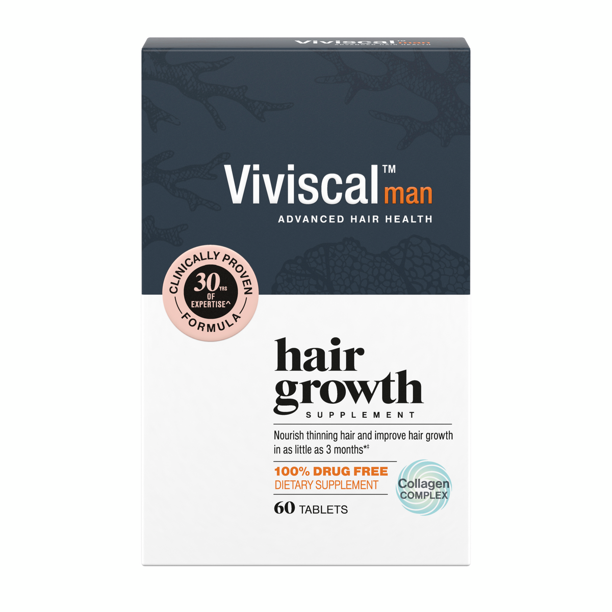 Image of viviscal man tablets. Dark grey and white box against a hite background.