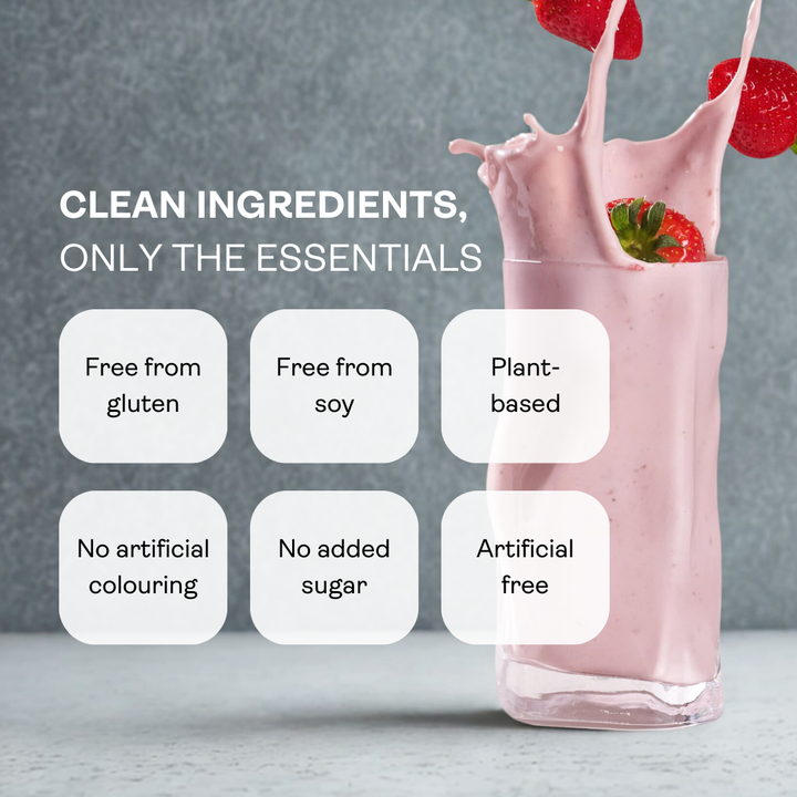Pink shake with strawberries beside WHOLESUPP plant-based, gluten-free, soy-free and no-added-sugar messaging.