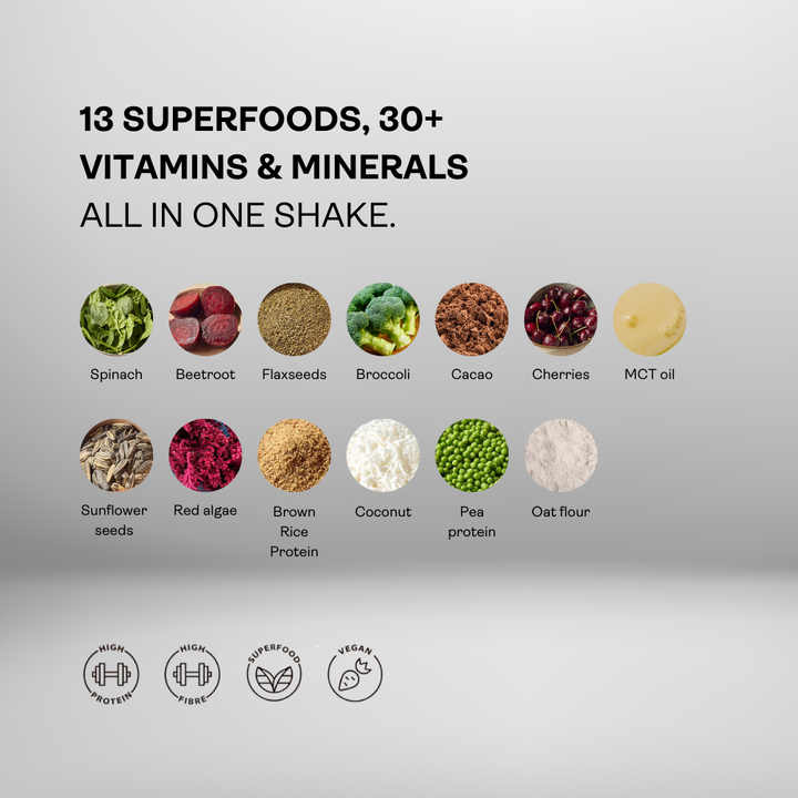 WHOLESUPP infographic showing 13 ingredients, including pea protein, brown rice protein, oats and flaxseeds.