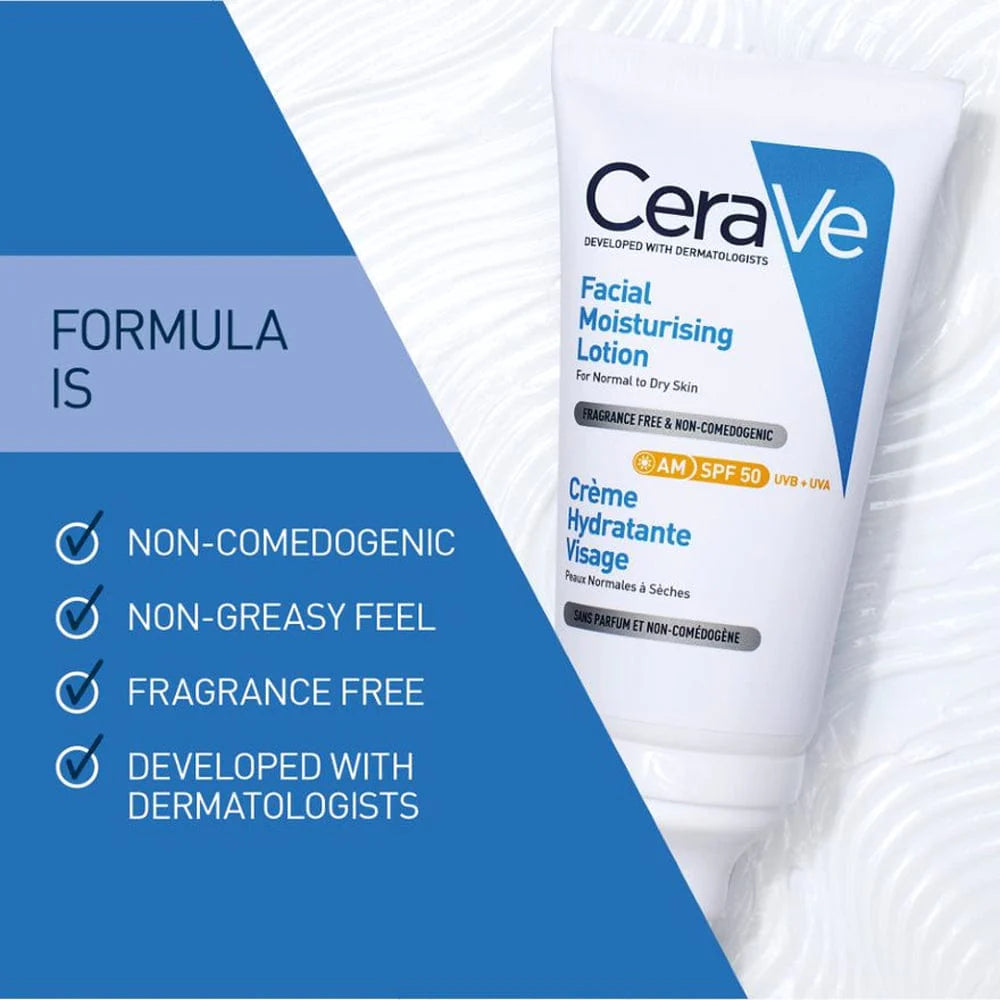 Information about Cerave AM SPF50 facial moisturising lotion. It says the formula is non-comdogenic, non-greasy feel, fragrance free and devoloped with dermatologists.