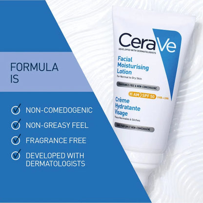 Information about Cerave AM SPF50 facial moisturising lotion. It says the formula is non-comdogenic, non-greasy feel, fragrance free and devoloped with dermatologists.