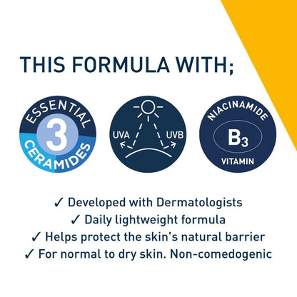 Information about Cerave AM SPF50 facial moisturising lotion. It says the formula has 3 essential ceramides, protects against UVA and UVB rays and has niacinamide. These help protect the skin's natural barrier and best for normal to dry skin.