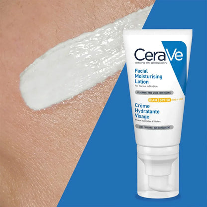 Image of a tube of Cerave Facial Moisturising Lotion for normal to dry skin. Situated beside a smear of lotion on pale skin and a blue background.