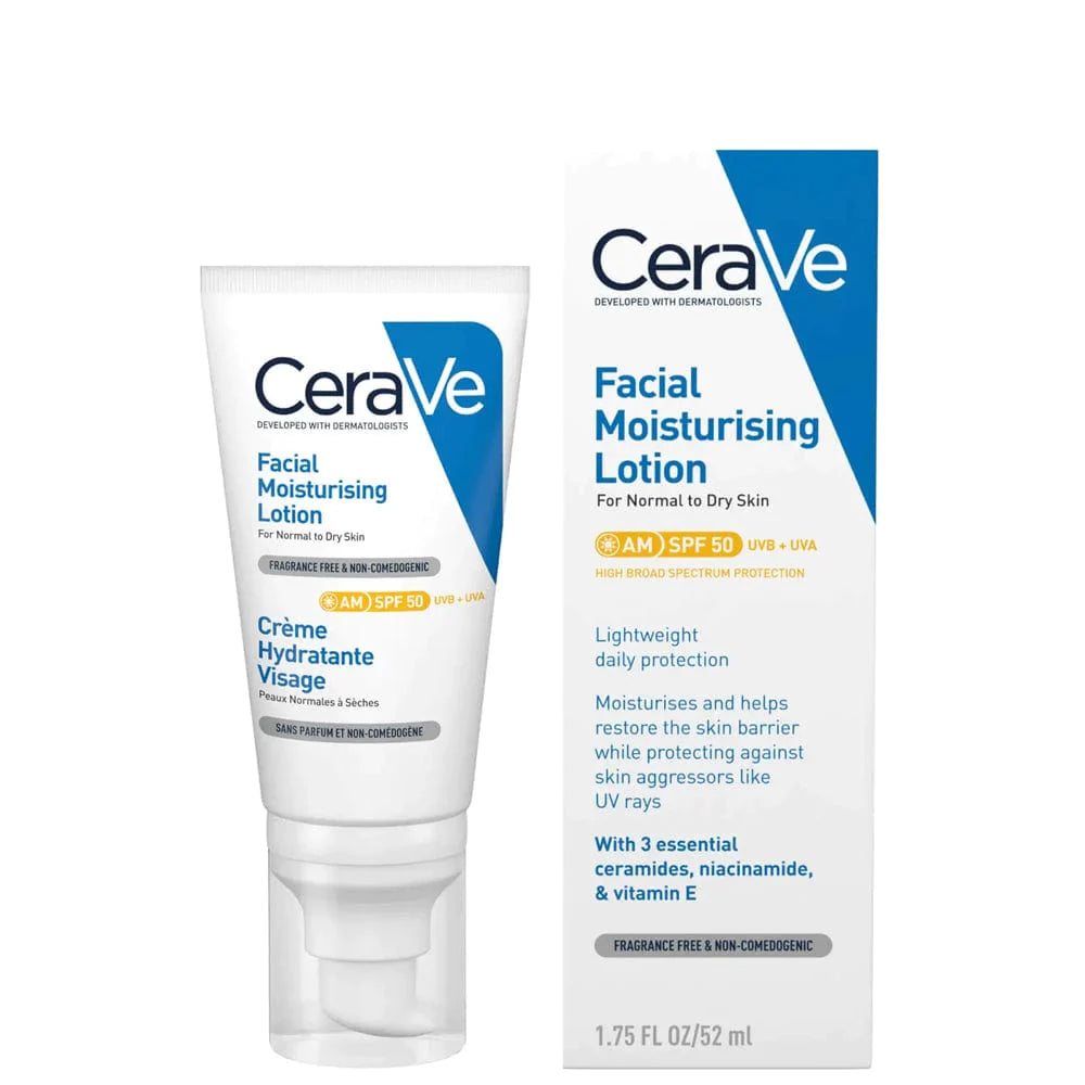 CeraVe AM Facial Moisturising Lotion in a white tube with blue and black text, indicating SPF 50+ and 3 essential ceramides.