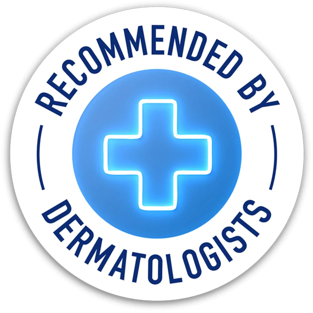 Neon Blue Cross encircled recommended by dermatoligists on a round logo.