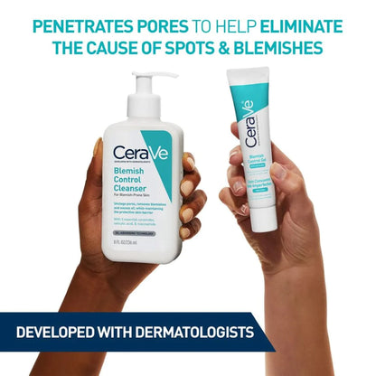 Image of CeraVe Blemish Control Cleanser pump bottle and tube of blemish control gel being held up against a white background with two hands. On this poster it says penetrates pores to help eliminate the cause of spots and blemishes.