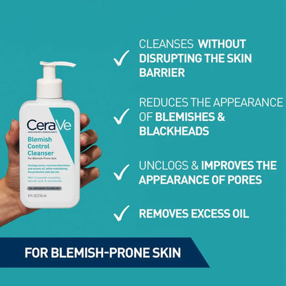 Information leaflet with a picture of CeraVe Blemish Control Gel on a turquoise background with the following information in bullet point form. Cleanses without disrupting the skin barrier, reduces the appearance of blemishes and blackheads, unclogs and improves the appearance of pores, removes excess oil.