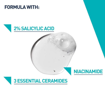Information leaflet with a picture of CeraVe Blemish Control Gel droplet lather  on a white and  turquoise background with the following information in bullet point form. Formula with - 2% Salicyclic Acid, Niacinamide and 3 Essential Ceramides.