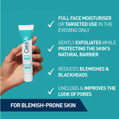 Poster showing a tube of CeraVe Blemish Control Gel moisturiser being held up against a turquoise green background with bullet points of information about the products. These are as follows: Full face moisturiser or targeted use in the evening only, gently exfoliates while protecting the skin's natural barrier, reduces blemishes and blackheads, unclogs and improves the look of pores. For blemish prone skin.