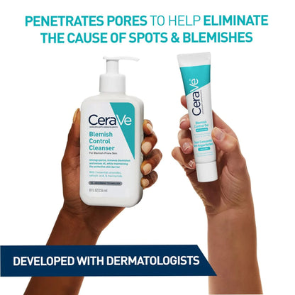 Image of a pump bottle of CeraVe Blemish Control Cleanser and CeraVe Blemish Control Gel moisturiser being held up separately against a white background with the following information written on the image. Penetrates pores to help eliminate the cause of spots and blemishes, developed by dermatologists.