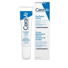 Image of blue and white tube and box of CeraVe Eye Repair Cream with ceramides and hyaluronic acid. 