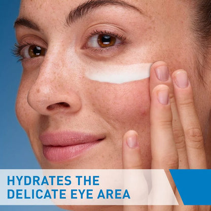Image of eye cream being applied to the undereye with the statement hydrates the delicate eye area