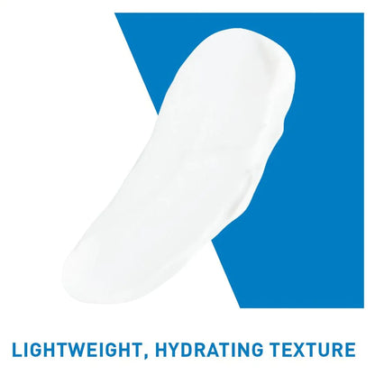 Image of white cream smeared over a blue and white backgroud to demonstrate texture. It states that it has a lightweight and hydrating texture.
